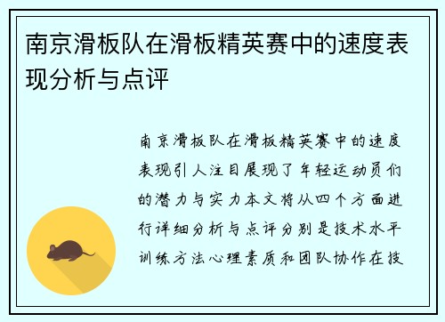 南京滑板队在滑板精英赛中的速度表现分析与点评